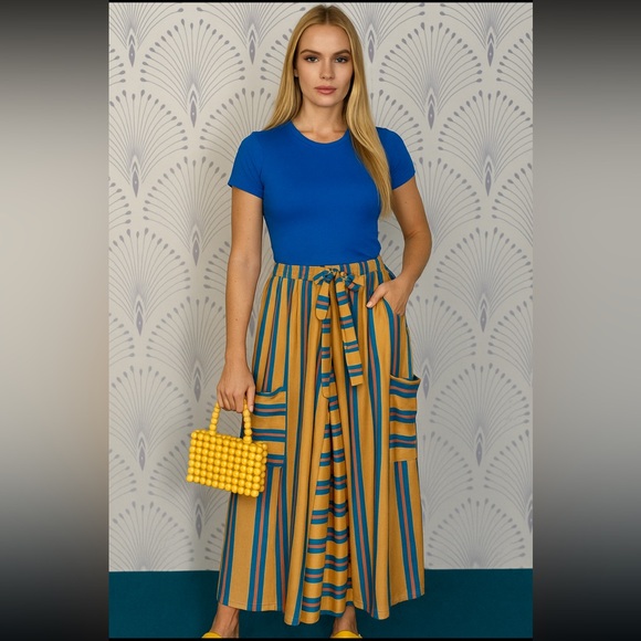 Jade by Jane Pants - Striped Ankle-Length Pants in Blue and Yellow
